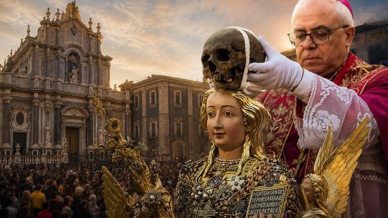 Ceremonia en la Catedral de Catania, Italia, donde autoridades religiosas exhiben el cráneo de Santa Ágata durante la conmemoración de los 900 años del regreso de sus reliquias