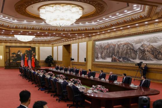 U.S. President Donald Trump and Chinese President Xi Jinping attend a bilateral meeting at the Great Hall of the People in Beijing, China, 14 May 2026.