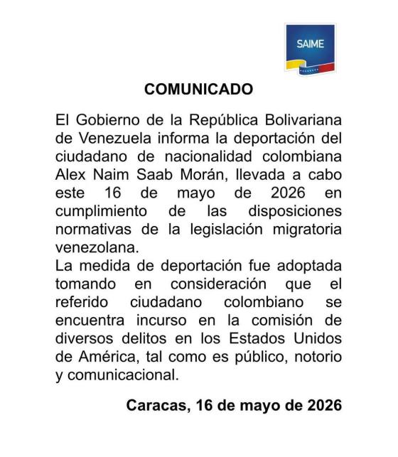 El comunicado del Saime donde se informa la extradición de Alex Saab. 