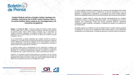 Cambio Radical pide a EE. UU. mantener sanciones contra Petro